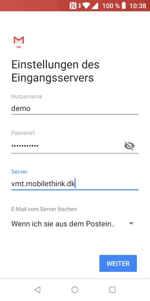 Geben Sie Benutzername und Eingehende Server-Adresse ein. Wählen Sie Weiter