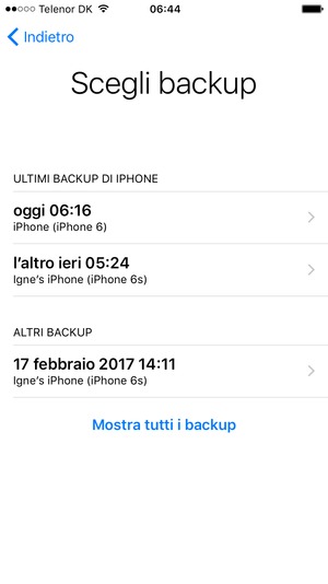 Seleziona l'ultimo backup dall'elenco e poi Ripristina