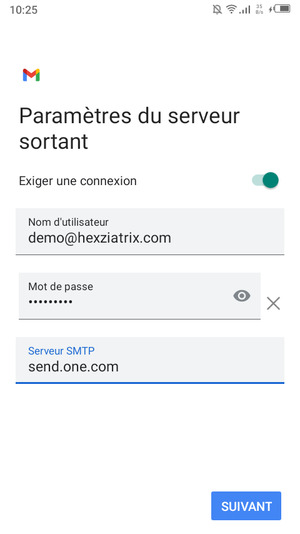 Saisissez l'adresse du serveur sortant et sélectionnez SUIVANT