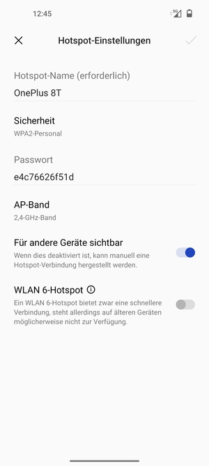 Geben Sie eine WLAN-Hotspot-Passwort mit mindestens 8 Zeichen ein und wählen Sie OK