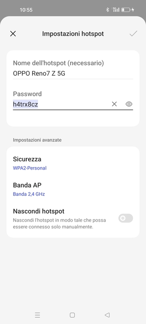 Inserisci una password dell'hotspot Wi-Fi di almeno 8 caratteri e seleziona OK