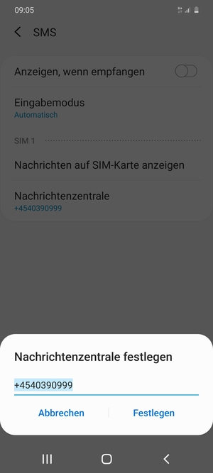 Geben Sie die Nachrichtenzentrale Nummer ein und wählen Sie Festlegen