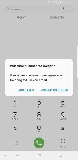 Als uw voicemail niet geïnstalleerd is, selecteert u NUMMER TOEVOEGEN