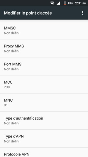 Faites défiler saisissez les informations Internet