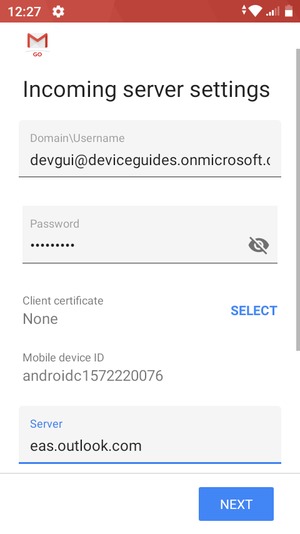 Enter Username and Exchange server address. Select NEXT