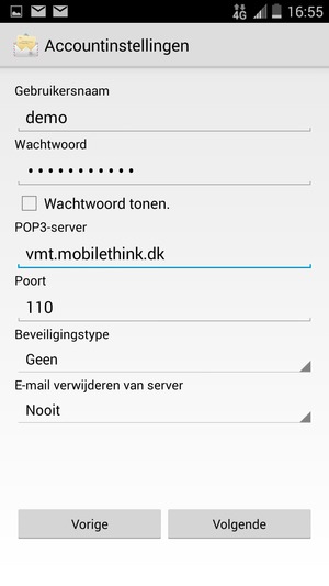 Voer Gebruikersnaam en binnenkomend serveradres in. Selecteer Volgende