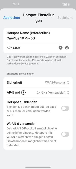 Geben Sie eine WLAN-Hotspot-Passwort mit mindestens 8 Zeichen ein und wählen Sie Speichern