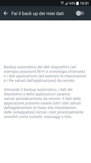 Attiva Fai il back up dei miei dati