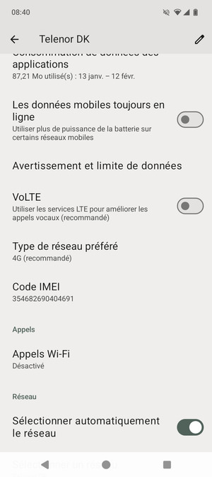 Pour changer de réseau en cas de problèmes de réseau, désactiver Sélectionner automatiquement le réseau