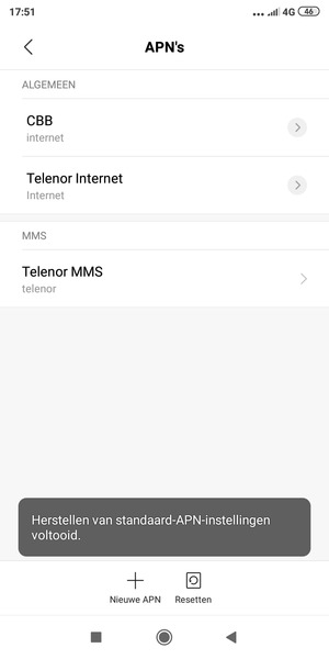 Uw telefoon wordt teruggezet naar standaard internet- en mms-instellingen