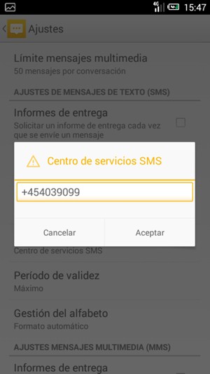 Introduzca el número de Centro de servicios SMS y seleccione Aceptar