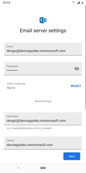 Enter Username and Exchange server address. Select Next