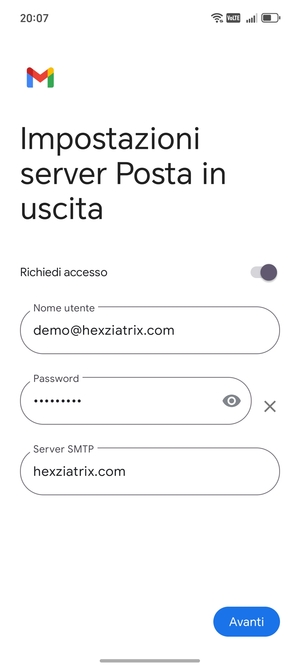 Inserisci l'indirizzo del server di posta in uscita e seleziona Avanti