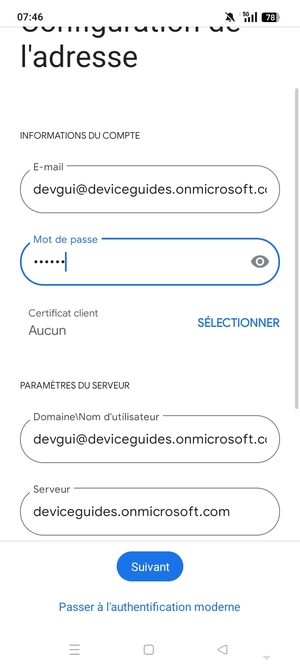Saisissez votre Nom d'utilisateur et l'adresse du serveur Exchange. Sélectionnez Suivant