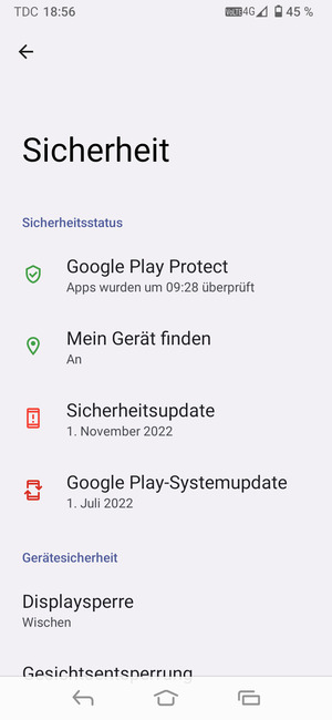 Um Ihre Bildschirmsperre zu aktivieren, gehen Sie zum Sicherheit Menü und wählen Sie  Displaysperre