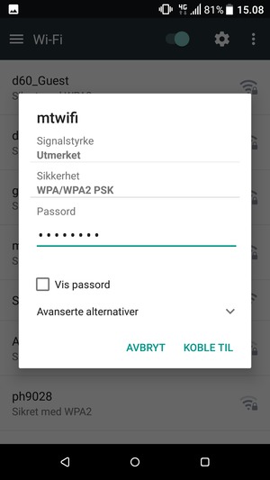Skriv inn Wi-Fi-passord og velg KOBLE TIL