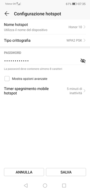 Inserisci una password dell'hotspot Wi-Fi di almeno 8 caratteri e seleziona SALVA