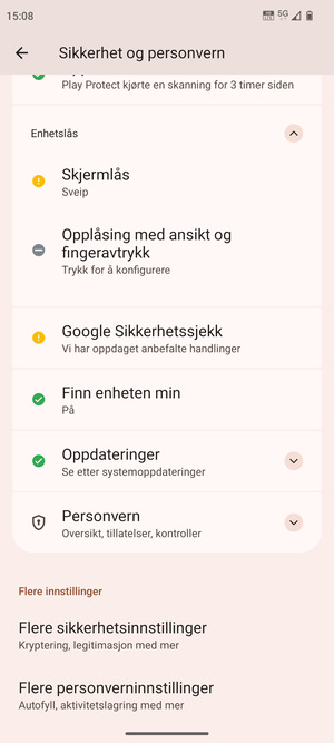 For å bytte PIN-koden til SIM-kortet, gå til Sikkerhet og personvern-menyen og bla til og velg Flere sikkerhetsinnstillinger