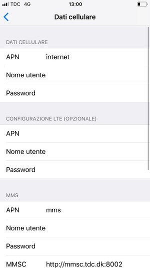 Inserisci le informazioni di Internet