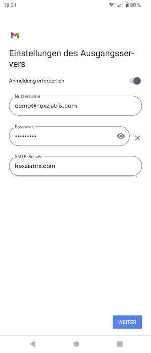 Geben Sie die Server-Adresse für ausgehende Post ein und wählen Sie WEITER