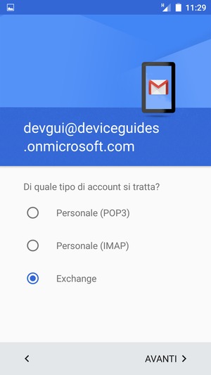 Seleziona Exchange e AVANTI