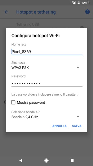 Inserisci una password dell'hotspot Wi-Fi di almeno 8 caratteri e seleziona SALVA