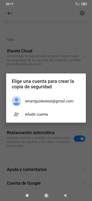 Seleccione su cuenta de copia de seguridad