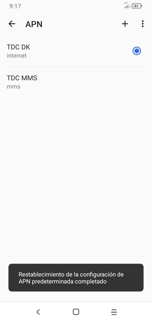 El teléfono se reiniciará con la configuración predeterminada de Internet y MMS