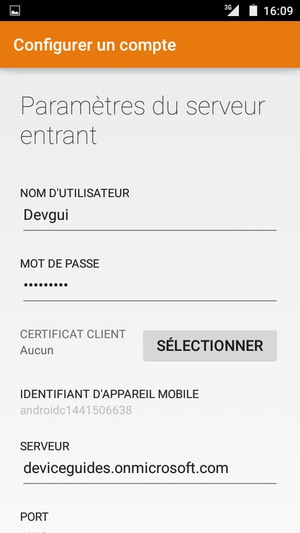 Saisissez Nom d'utilisateur et l'adresse du serveur Exchange
