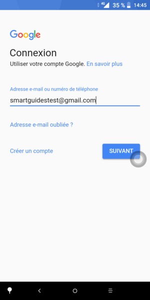 Saisissez votre adresse Gmail et sélectionnez SUIVANT