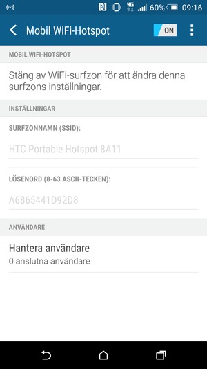 Din telefon har nu ställts in för att kunna användas som ett modem