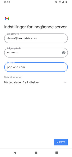 Indtast Brugernavn og indgående serveradresse. Vælg NÆSTE