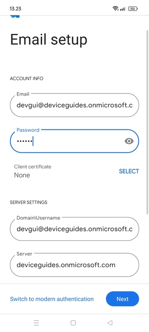 Enter Username and Exchange server address. Select Next