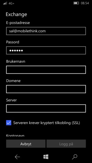 Skriv inn Brukernavn og Exchange serveradresse