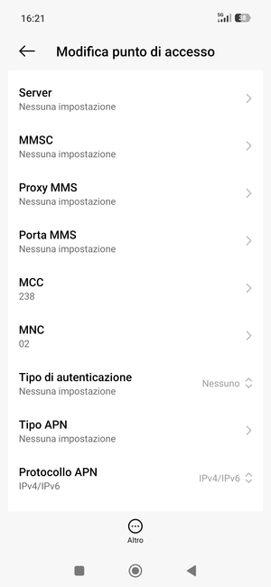 Scorri verso il basso e inserisci le informazioni di internet