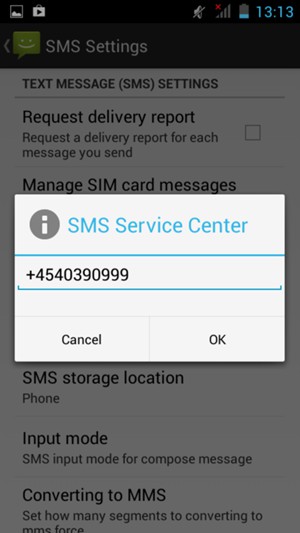 Enter the SMS Service Center number and select OK