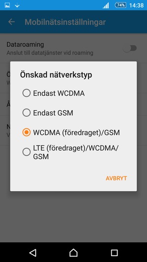 Välj WCDMA (föredraget)/GSM för att aktivera 3G