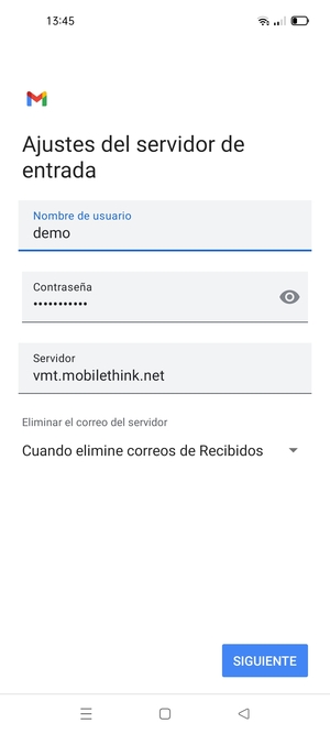 Introduzca Nombre de usuario y la dirección de servidor entrante. Seleccione SIGUIENTE