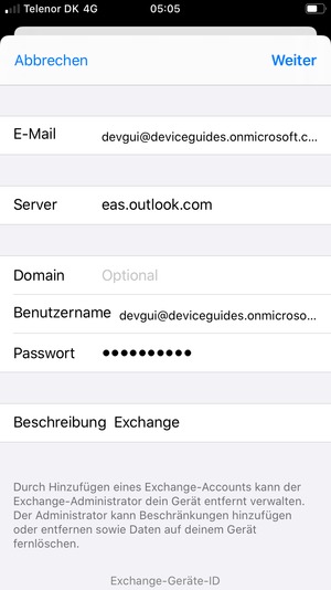 Geben Sie Ihre Exchange E-Mail-Informationen ein und wählen Sie Weiter