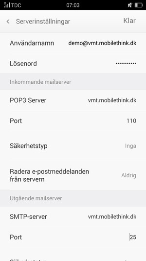 Ange Användarnamn och Inkommande serveradress