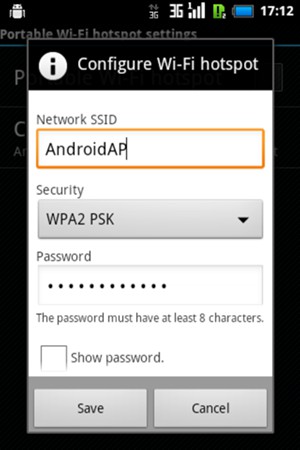 Enter a Wi-Fi hotspot password of at least 8 characters and select Save