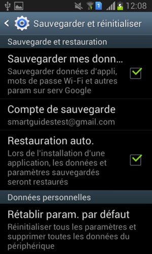 Sélectionnez Compte de sauvegarde