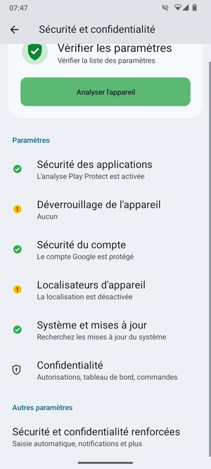 Pour modifier le code PIN de la carte SIM,  allez dans le menu Sécurité et confidentialité et sélectionnez Sécurité et confidentialité renforcées