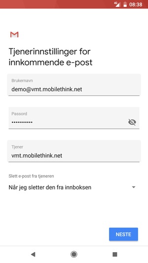 Skriv inn Brukernavn og innkommende serveradresse. Velg NESTE