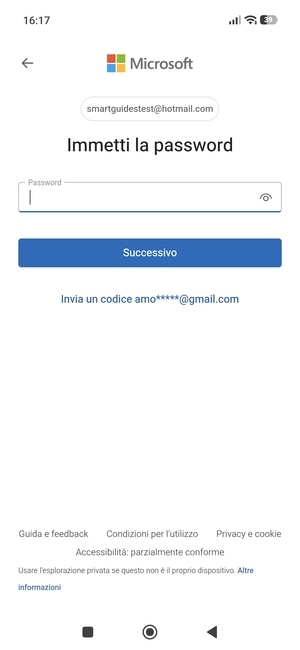 Inserisci la tua password di Hotmail e seleziona Successivo