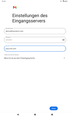 Geben Sie Benutzername und die Server-Adresse für eingehende Post ein. Wählen Sie Weiter