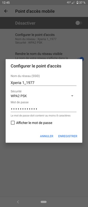 Saisissez un mot de passe de hotspot Wi-Fi d'au moins 8 caractères et sélectionnez ENREGISTRER