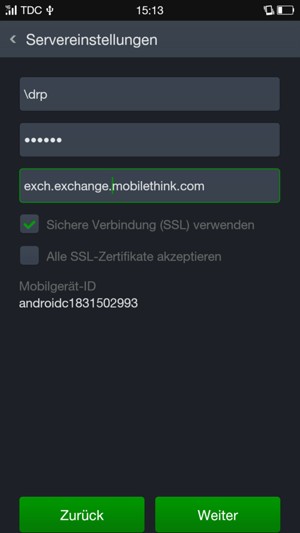 Geben Sie Benutzername und Exchange Server-Adresse ein. Wählen Sie Weiter