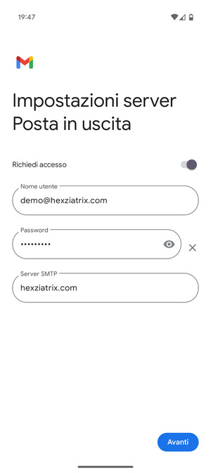 Inserisci l'indirizzo del server di posta in uscita e seleziona Avanti