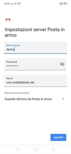Inserisci Nome utente e l'indirizzo del server di posta in arrivo. Seleziona AVANTI